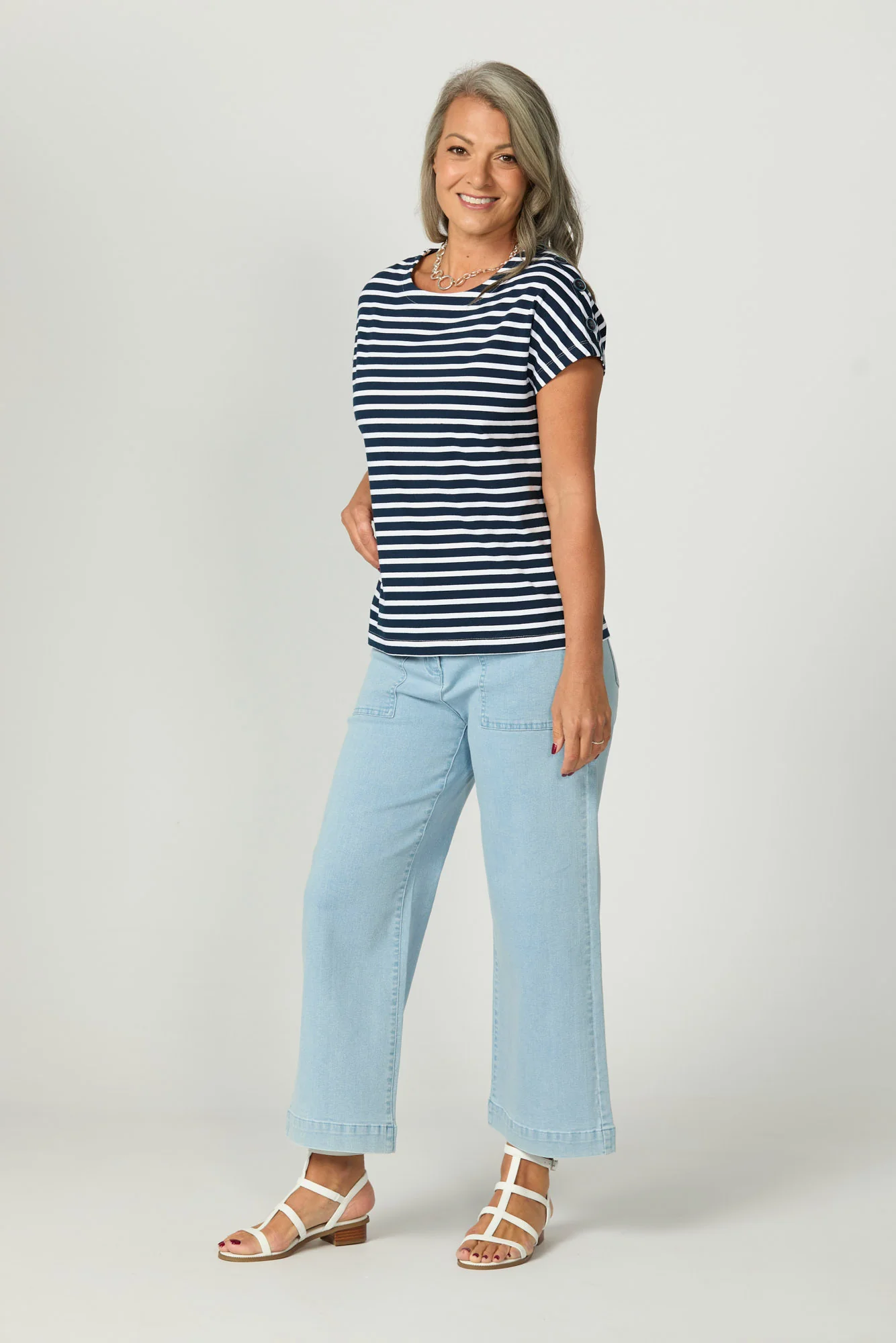Suzette Stripe Cap Sleeve Button Tee - Image 2