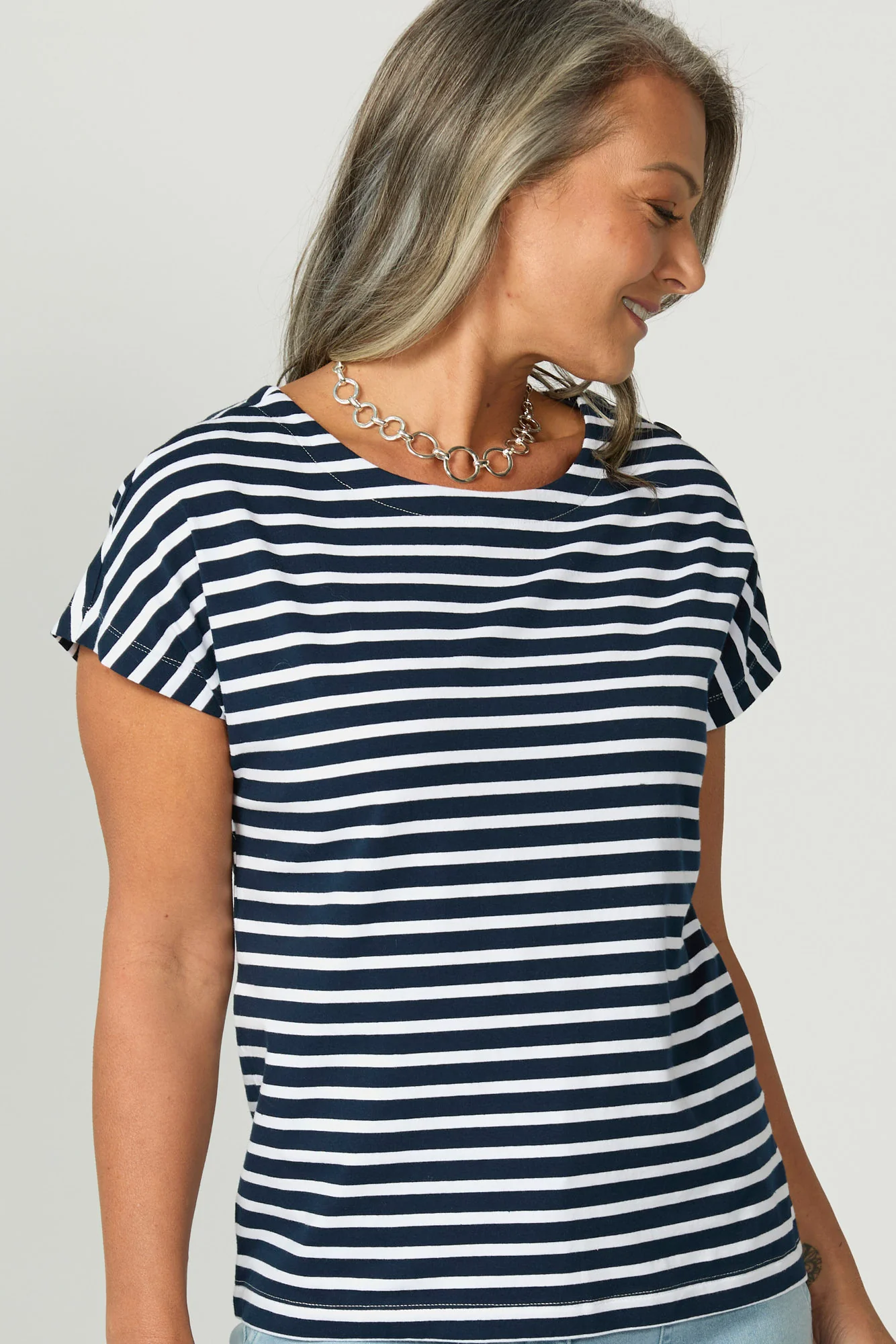 Suzette Stripe Cap Sleeve Button Tee - Image 3