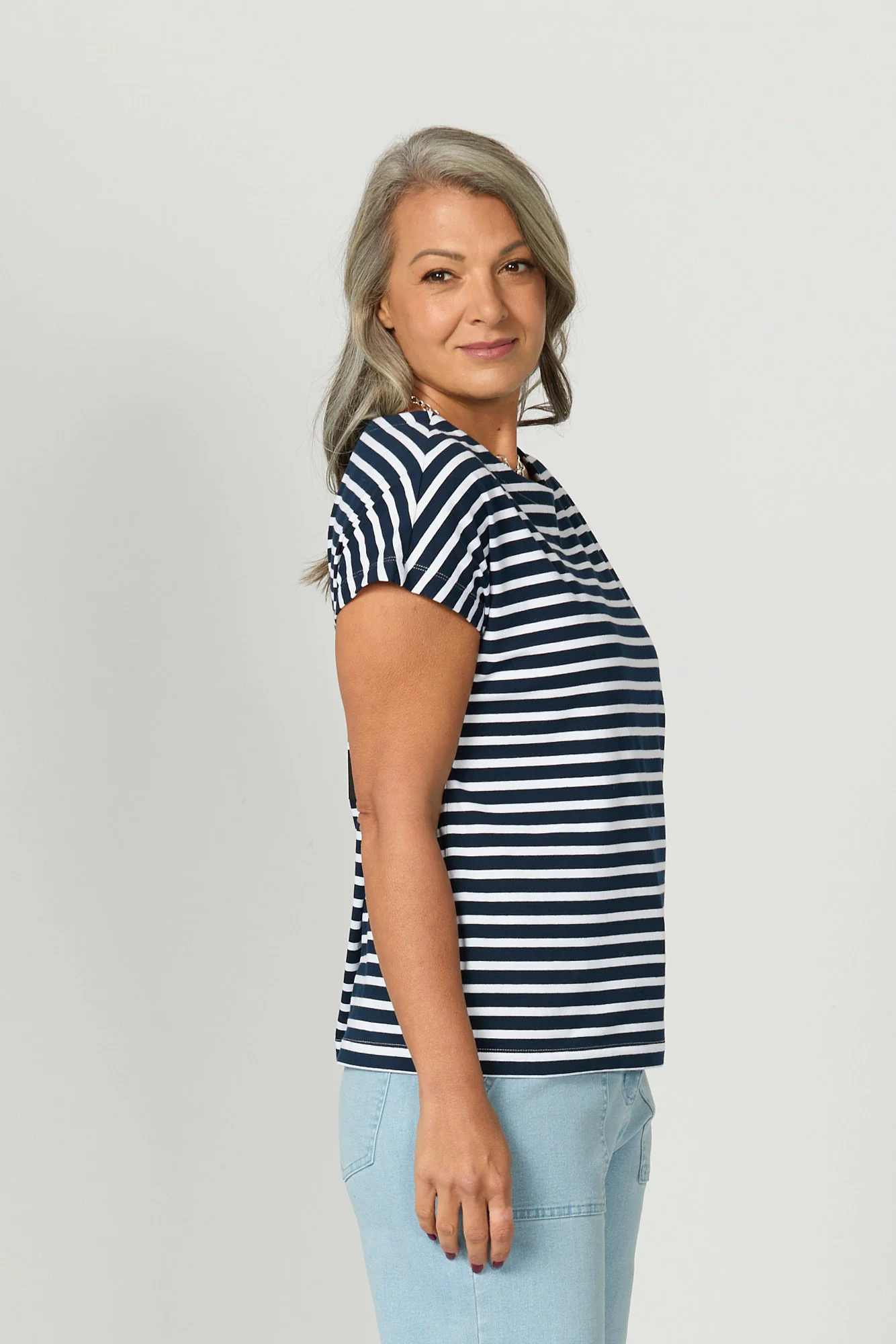 Suzette Stripe Cap Sleeve Button Tee - Image 4