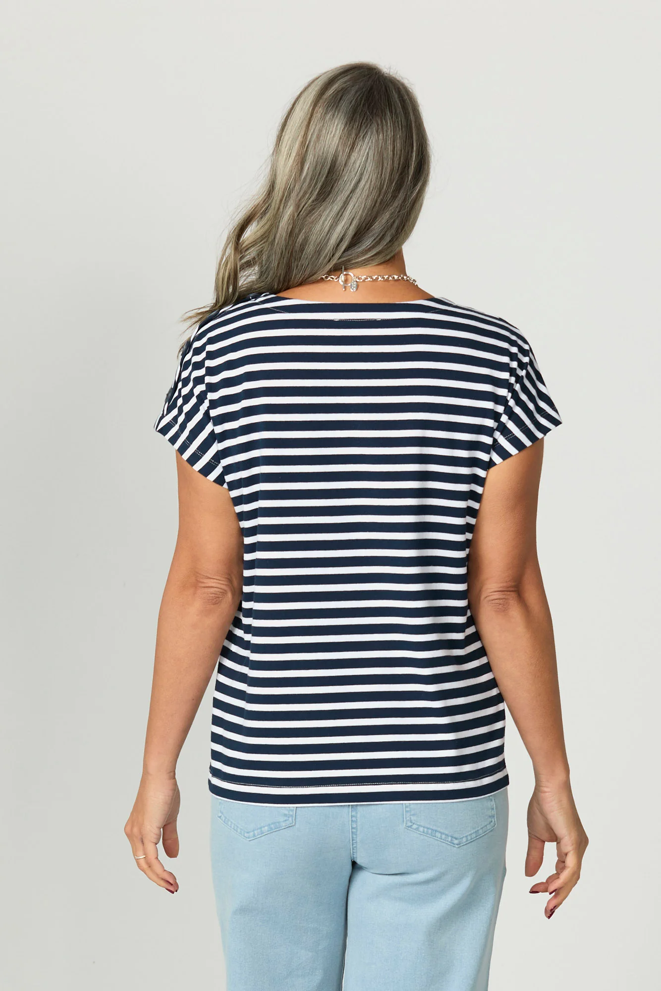 Suzette Stripe Cap Sleeve Button Tee - Image 5